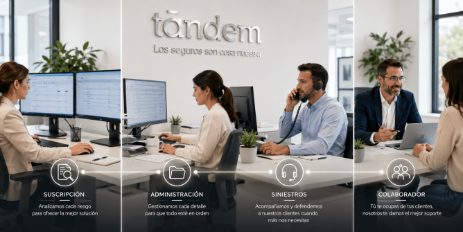 CEquipo de una correduría de seguros trabajando en suscripción, administración, gestión de siniestros y apoyo a colaboradores comerciales.