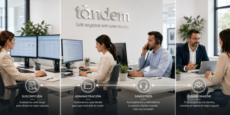 CEquipo de una correduría de seguros trabajando en suscripción, administración, gestión de siniestros y apoyo a colaboradores comerciales.