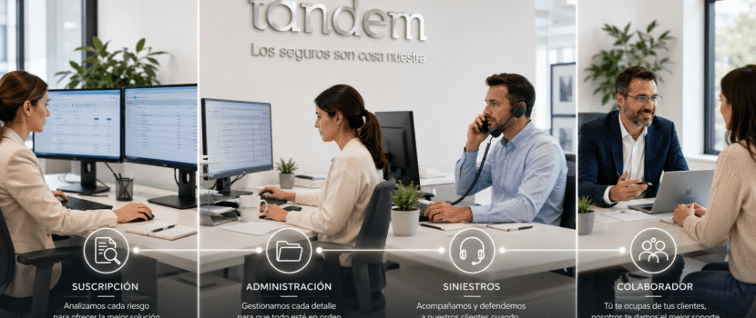 CEquipo de una correduría de seguros trabajando en suscripción, administración, gestión de siniestros y apoyo a colaboradores comerciales.